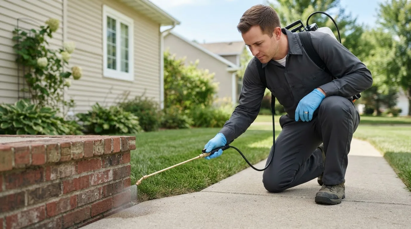 Pest control technician treating a home near Vandalia, MO